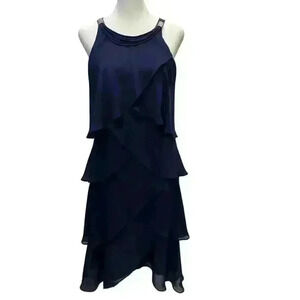 SLNY NAVY BLUE TIERED SLEEVELESS HALTER COCKTAIL DRESS ZIP UP BACK SIZE 6